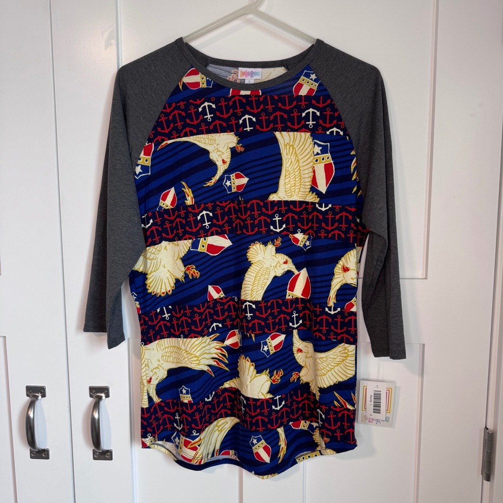 NWT LuLaRoe Randy Raglan Patriotic Eagle Anchor w/ Gray Sleeves Womens Large Top